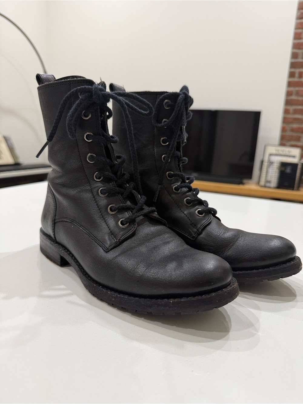 Frye Black Leather Lace-Up Combat Boots